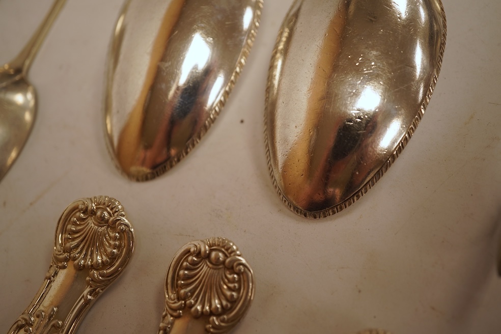A small quantity of assorted mainly 19th century and later small flatware including teaspoons, coffee spoons and condiment spoons, various dates and makers, a Dutch? white metal spoon and a Victorian silver christening t